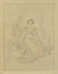 Dibujo de contorno de una madre con cuatro hijos.