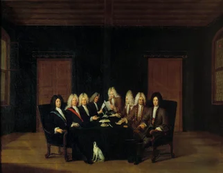 Guerra de Sucesión Española: Los plenipotenciarios reunidos alrededor del Mariscal Duque de Villars y el Príncipe Eugenio de Saboya-Carignan en el Congreso de Paz en Borden, el 7/09/1714