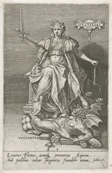 La justicia (Justitia) vence a la violencia (Violentia) Justicia (título sobre objeto) Las virtudes conquistan los vicios (título de la serie)