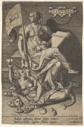 Fiducia, una mujer sentada sostiene un libro y una bandera mientras gira la cabeza alejándose de un desnudo, 1579