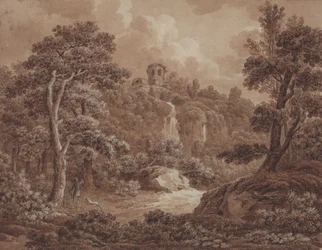 Un paisaje arcádico con un cazador y su perro