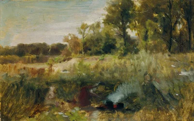 Paisaje de pradera con niños en el fuego.