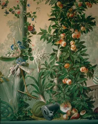 Escena de jardín, árbol frutal y una señora jardinera con sombrero, guantes y rastrillo en el Salón del Jardín ...
