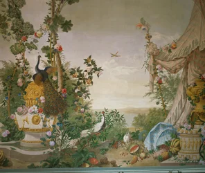 Escena de jardín con pavo real y tienda en la Sala del Jardín del palacio de Schönbrunn
