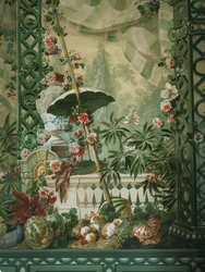 Escena de jardín con sombrilla y lujosa carpa