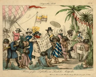 Globo aerostático de Green en las Antípodas, c.1840 (grabado coloreado a mano)