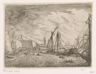 Vista del puerto con veleros y galeras frente a la muralla de la ciudad Vistas al puerto (título de la serie)
