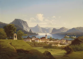 Vista de Gmunden con Schloss Ort en el fondo, 1870