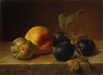 Un durazno y ciruelas en un borde de mármol, 1860