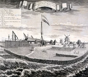 Madera o aserradero de la Compañía Holandesa de las Indias Orientales en la isla a dos millas de Batavia, pub. 1744
