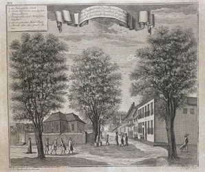 La iglesia portuguesa y casas chinas y europeas en una calle de Batavia, de una serie de vistas de Batavia 