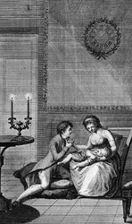 Aurelie consolada por Wilhelm Meister, ilustración para El aprendizaje de Wilhelm Meister, novela de Johann Wolfgang von Goethe (1749-1832), grabado de la edición parisina publicada en 1802.