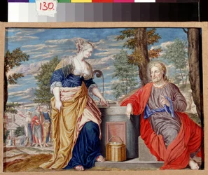 Cristo y la mujer samaritana en el pozo de Jacob. Cristo y la mujer samaritana en el pozo de Jacob. Pintura de Johannes Koenig (1586-1632/1635). Arte alemán, estilo barroco. Gouache sobre pergamino. Museo Pushkin de Bellas Artes, Moscú.
