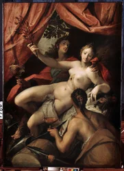 ""Alegoría de la Paz, el Arte y la Abundancia"" (Alegoría de la Paz, el Arte y la Abundancia). Al fondo, Arte y Ciencia simbolizados por una esfera y una paleta. En el medio, Paz sostiene una rama de olivo. La abundancia se representa con una copa.