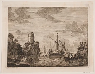 Barcos en un río. A la izquierda una torre