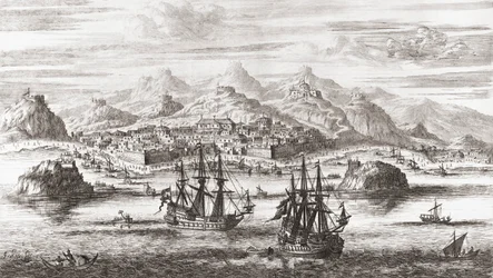 Barcos holandeses frente a Mascate, Omán, en el siglo XVII (grabado)