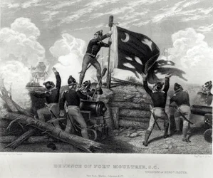El Heroísmo del Sargento William Jasper en Defensa del Fuerte Moultrie, Carolina del Sur, 12 de mayo de 1780, grabado por G.R. Hall