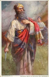 Abraham a punto de sacrificar a su hijo Isaac (litografía en color)