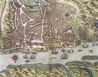 Mapa de la Ciudad y Puerto Portugués de Goa, India, detalle del puerto y los barcos mercantes (detalle)