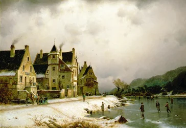 Un paisaje fluvial invernal con patinaje artístico sobre hielo por un pueblo (óleo sobre lienzo)