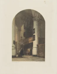 Interior de la iglesia con dos figuras y órgano