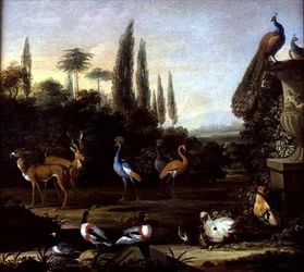 Un paisaje de parque con ciervos y aves exóticas, c.1710