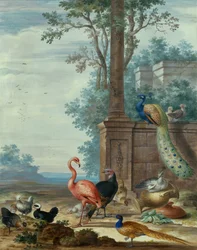 Un paisaje de estilo italiano con pavo real, faisán, flamenco y otras aves (gouache)