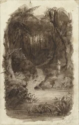 Hombre en la selva tropical, de pie junto al agua
