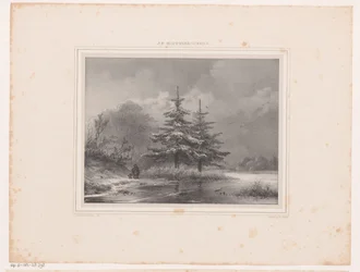 Paisaje de invierno con dos pinos.