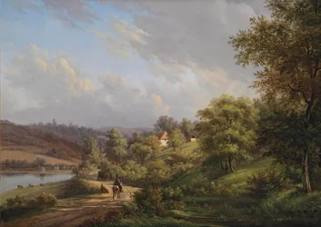Un día tranquilo en un paisaje de colinas (óleo sobre tabla)