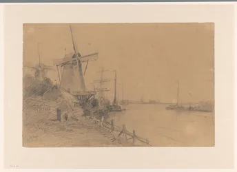 Molinos de viento cerca de Dordrecht junto al río con barcos