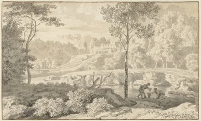 Paisaje arcádico con figuras junto a un lago