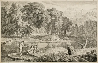 Paisaje arcádico con un río y tres bañistas