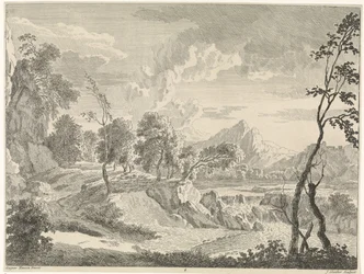 Paisaje montañoso con cascada Paisajes después de Gaspar Poussin (título de la serie)