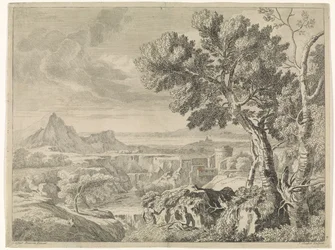 Paisaje con barranco y cascada Paisajes después de Gaspar Poussin (título de la serie)