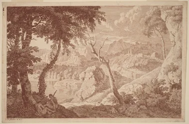 Paisaje montañoso con dos hombres descansando