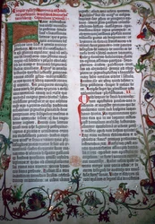 Una página de la Biblia de Gutenberg, siglo XV