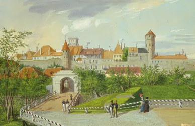 Vista de la pequeña puerta costera con las torres Hattorpe y Stolting, Tallin