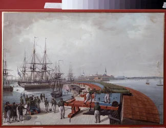 Vista de Reval (actual Tallinn (Tallin), en Estonia), el puerto y la artillería de la costa rusa (Vista de Reval, El Puerto y la Artillería de la Costa Rusa). Obra de Johannes Hau (1771-1838), acuarela sobre papel