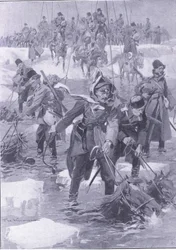 Una hazaña de equitación. Caballería rusa cruzando un río, ilustración de Cassells History of the Russo-Japanese War Vol 1, c.1900