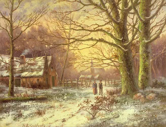 Figuras en un camino antes de un pueblo en invierno
