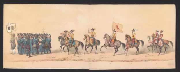 Procesión histórica de estudiantes de la Universidad de Ciencias Aplicadas de Groningen, 1850 (lámina 1) Representación disfrazada de la entrada de Maurits, Príncipe de Orange, Conde de Nassau, etc. y Willem Lodewijk, Conde de Nassau, dentro de Groningen e