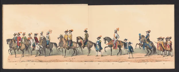 Procesión histórica de estudiantes de la Universidad de Ciencias Aplicadas de Groningen, 1850 (lámina 3) Representación disfrazada de la entrada de Maurits, Príncipe de Orange, Conde de Nassau, etc. y Willem Lodewijk, Conde de Nassau, dentro de Groningen e