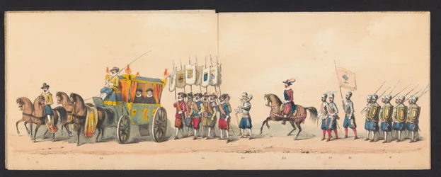 Procesión histórica de estudiantes de la Universidad de Ciencias Aplicadas de Groningen, 1850 (lámina 4) Representación disfrazada de la entrada de Maurits, Príncipe de Orange, Conde de Nassau, etc. y Willem Lodewijk, Conde de Nassau, dentro de Groningen e