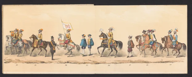 Procesión histórica de estudiantes de la Universidad de Ciencias Aplicadas de Groningen, 1850 (lámina 5) Representación disfrazada de la entrada de Maurits, Príncipe de Orange, Conde de Nassau, etc. y Willem Lodewijk, Conde de Nassau, dentro de Groningen e