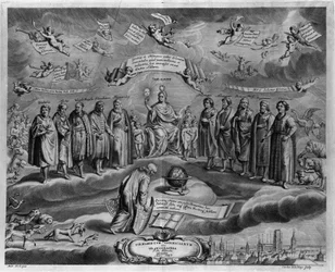 Los astrónomos famosos. Entre ellos, de izquierda a derecha: Walterus (?), Tycho Brahe (Tyge Ottesen Brahe), conocido como El noble danés o El hombre de la nariz de oro (1546-1601), Ulugh Beg (Oulough Beg, Oulugbek) (1394-1449), Timocharis de Alejandría (c