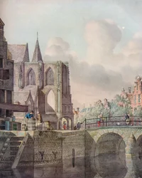 Escena de río continental con puente e iglesia, siglo XVIII