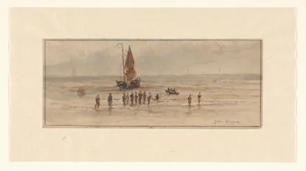 Escena de playa con pescadores y barco de vela