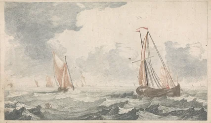 Dos barcos de fondo plano que navegan uno hacia el otro Barcos en el mar (serie A) (título de la serie)