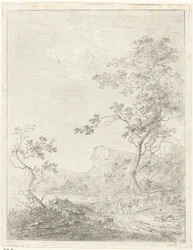 Paisaje montañoso con pastor y ganado en el camino.